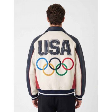 Team USA Olympics 2026 Bomber Leather Jacket in Black and White
