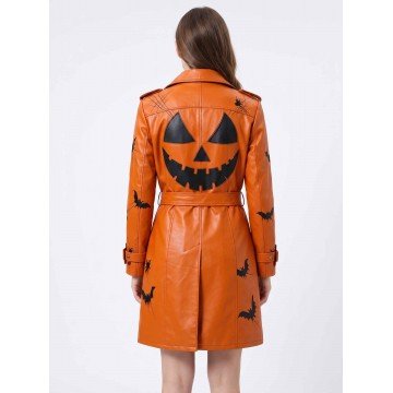 Halloween Spooky Leather Trench Coat in Brown Real Leather