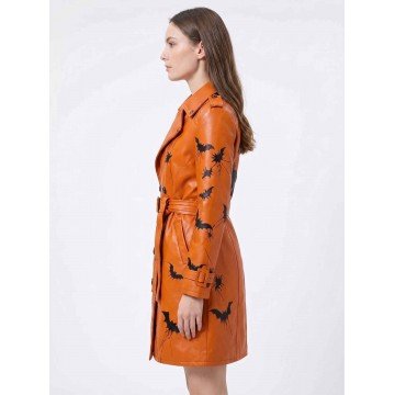Halloween Spooky Leather Trench Coat in Brown Real Leather