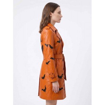 Halloween Spooky Leather Trench Coat in Brown Real Leather