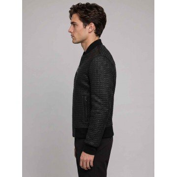 Men Black Bomber Quilted Leather Jacket in Premium Real Leather