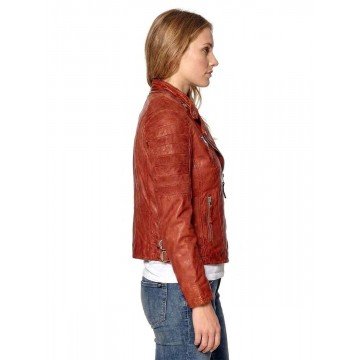 Women Classic Double Zipper Biker Brown Real Leather Jacket
