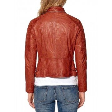 Women Classic Double Zipper Biker Brown Real Leather Jacket