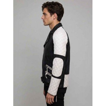 Men’s Black and White Quilted Style Biker Leather Jacket