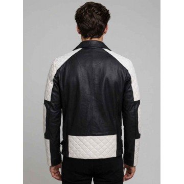 Men’s Black and White Quilted Style Biker Leather Jacket