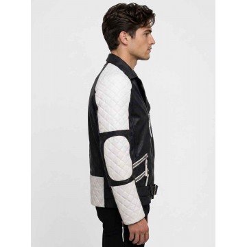 Men’s Black and White Quilted Style Biker Leather Jacket