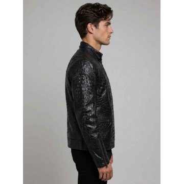 Men Crocodile Black Leather Jacket in Premium Real Leather