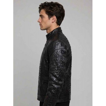 Men Crocodile Black Leather Jacket in Premium Real Leather