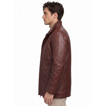 Men’s Casual Brown Real Leather Car Coat with Stand-Up Collar