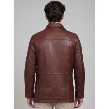 Men’s Casual Brown Real Leather Car Coat with Stand-Up Collar