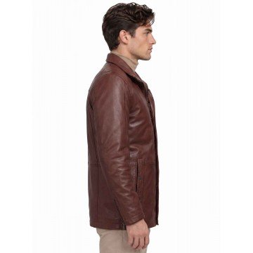 Men’s Casual Brown Real Leather Car Coat with Stand-Up Collar