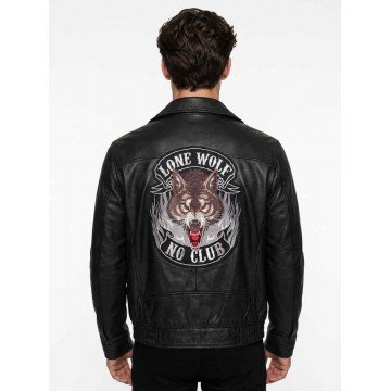 Lone Wolf No Club Black Leather Jacket for Men