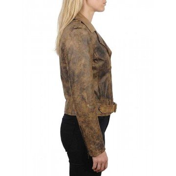 Women's Distressed Brown Belted Style Leather Biker Jacket