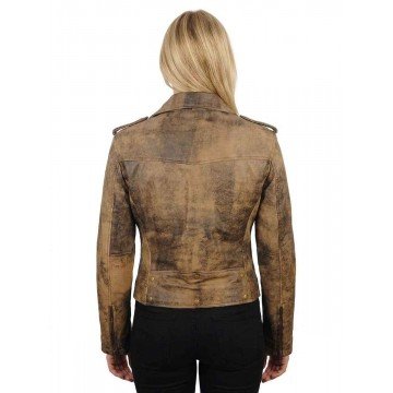 Women's Distressed Brown Belted Style Leather Biker Jacket