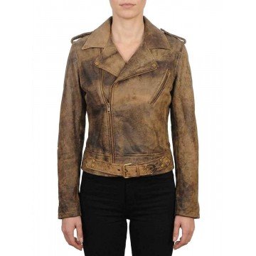 Women's Distressed Brown Belted Style Leather Biker Jacket