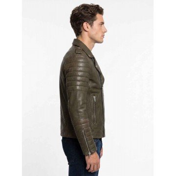 Olive Green Quilted Biker Men's Leather Jacket