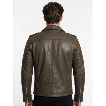 Olive Green Quilted Biker Men's Real Leather Jacket Olive Green Quilted Biker Men's Real Leather Jacket