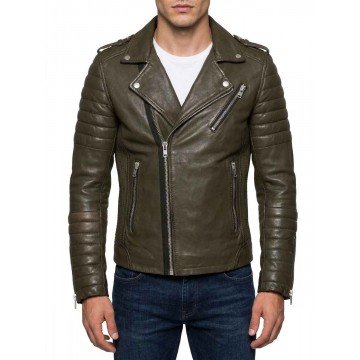 Olive Green Quilted Biker Men's Real Leather Jacket Olive Green Quilted Biker Men's Real Leather Jacket