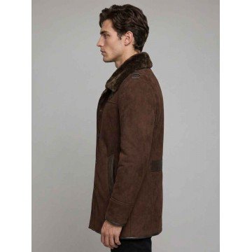 Men's Reacher Style Sheepskin Shearling Brown Leather Coat