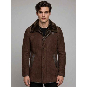 Men's Reacher Style Sheepskin Shearling Brown Leather Coat