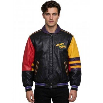 Looney Tunes Black Leather Varsity Jacket Looney Tunes Black Leather Varsity Jacket
