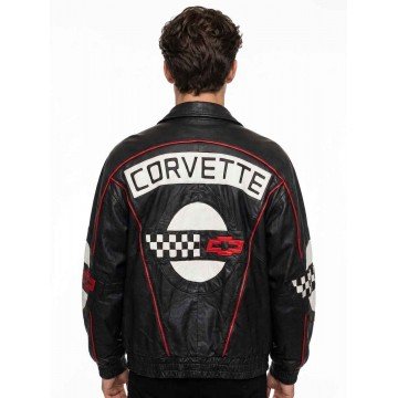 Black Vintage Corvette Racing Leather Jacket for Men