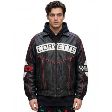 Black Vintage Corvette Racing Leather Jacket for Men