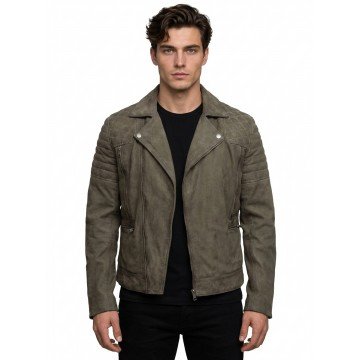 Men’s Olive Green Suede Leather Biker Jacket with Quilted Design