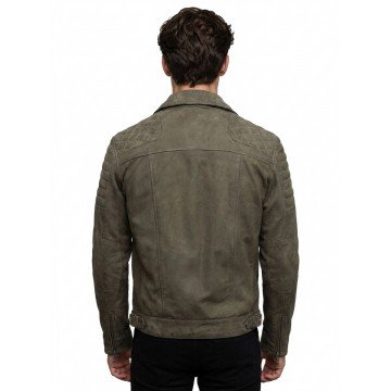 Men’s Olive Green Suede Leather Biker Jacket with Quilted Design