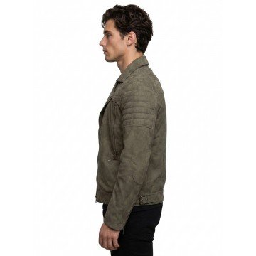 Men’s Olive Green Suede Leather Biker Jacket with Quilted Design