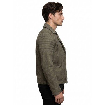 Men’s Olive Green Suede Leather Biker Jacket with Quilted Design