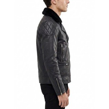 Men's Black Biker Leather Jacket with Fur Collar for Winter Style Men's Black Biker Leather Jacket with Fur Collar for Winter Style