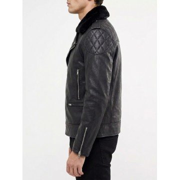 Men's Black Biker Leather Jacket with Fur Collar for Winter Style Men's Black Biker Leather Jacket with Fur Collar for Winter Style