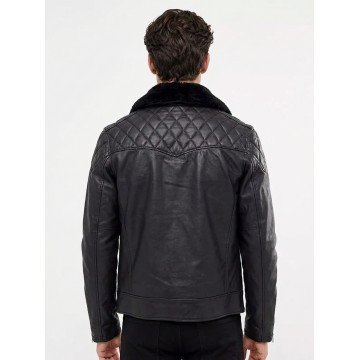 Men's Black Biker Leather Jacket with Fur Collar for Winter Style Men's Black Biker Leather Jacket with Fur Collar for Winter Style