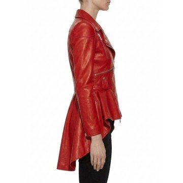 Women's Biker Style Peplum Red Leather Jacket in Real Leather