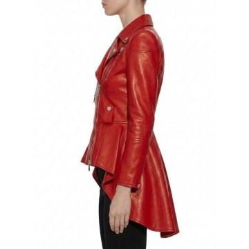 Women's Biker Style Peplum Red Leather Jacket in Real Leather