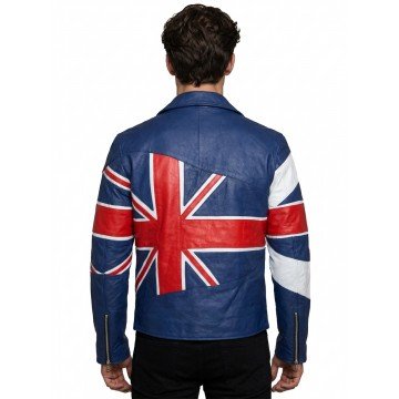 British Flag Union Jack Blue Leather Biker Jacket