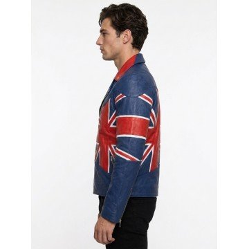 British Flag Union Jack Blue Leather Biker Jacket