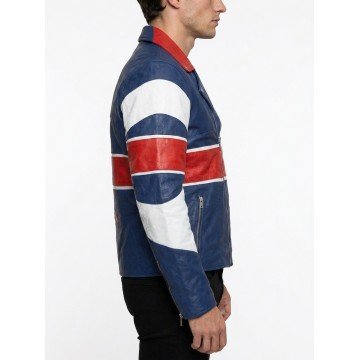 British Flag Union Jack Blue Real Leather Biker Jacket