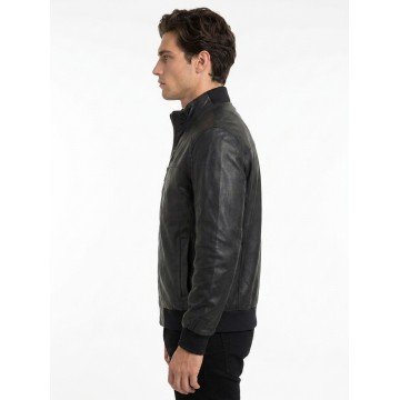 Men's Black Stand-Up Collar Real Leather Bomber Jacket
