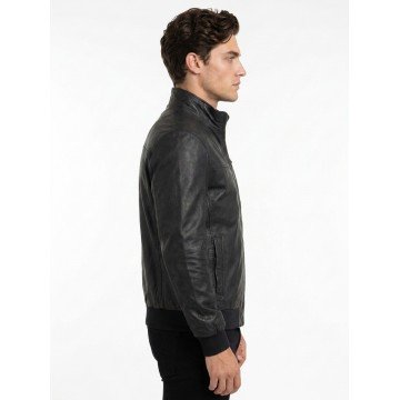 Men's Black Stand-Up Collar Real Leather Bomber Jacket