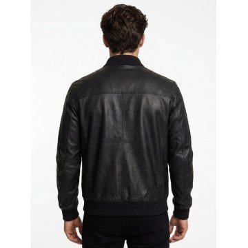 Men's Black Stand-Up Collar Real Leather Bomber Jacket
