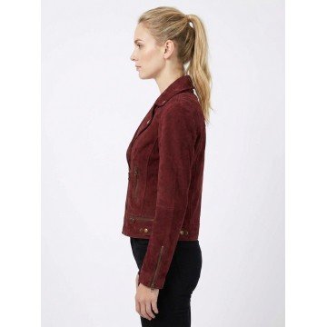 Women's Red Classic Suede Leather Biker Jacket