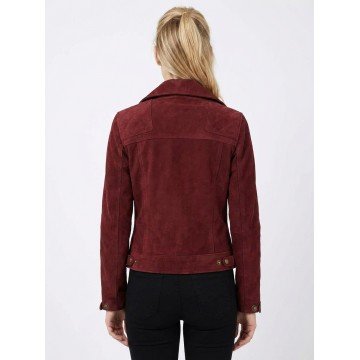 Women's Red Classic Suede Leather Biker Jacket