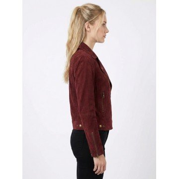 Women's Red Classic Suede Leather Biker Jacket