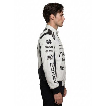 Brad Pitt F1 Racer White and Black Real Leather Jacket