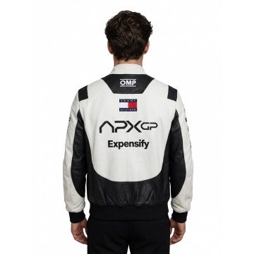 Brad Pitt F1 Racer White and Black Real Leather Jacket