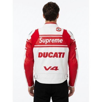 Supreme Red and White Motorcycle Real Leather Racing Jacket