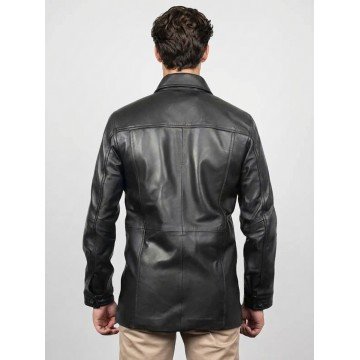 Men's Classic Black Real Leather Car Coat with Shirt Collar