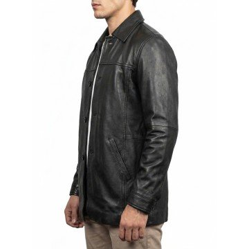 Men's Classic Black Real Leather Car Coat with Shirt Collar